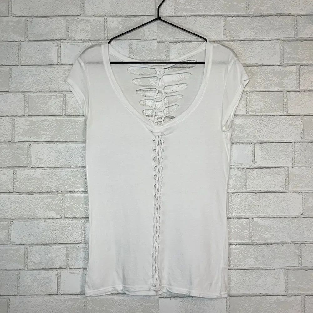 Monrow White Distressed Ladder Cotton Modal Short Sleeve Tee XS